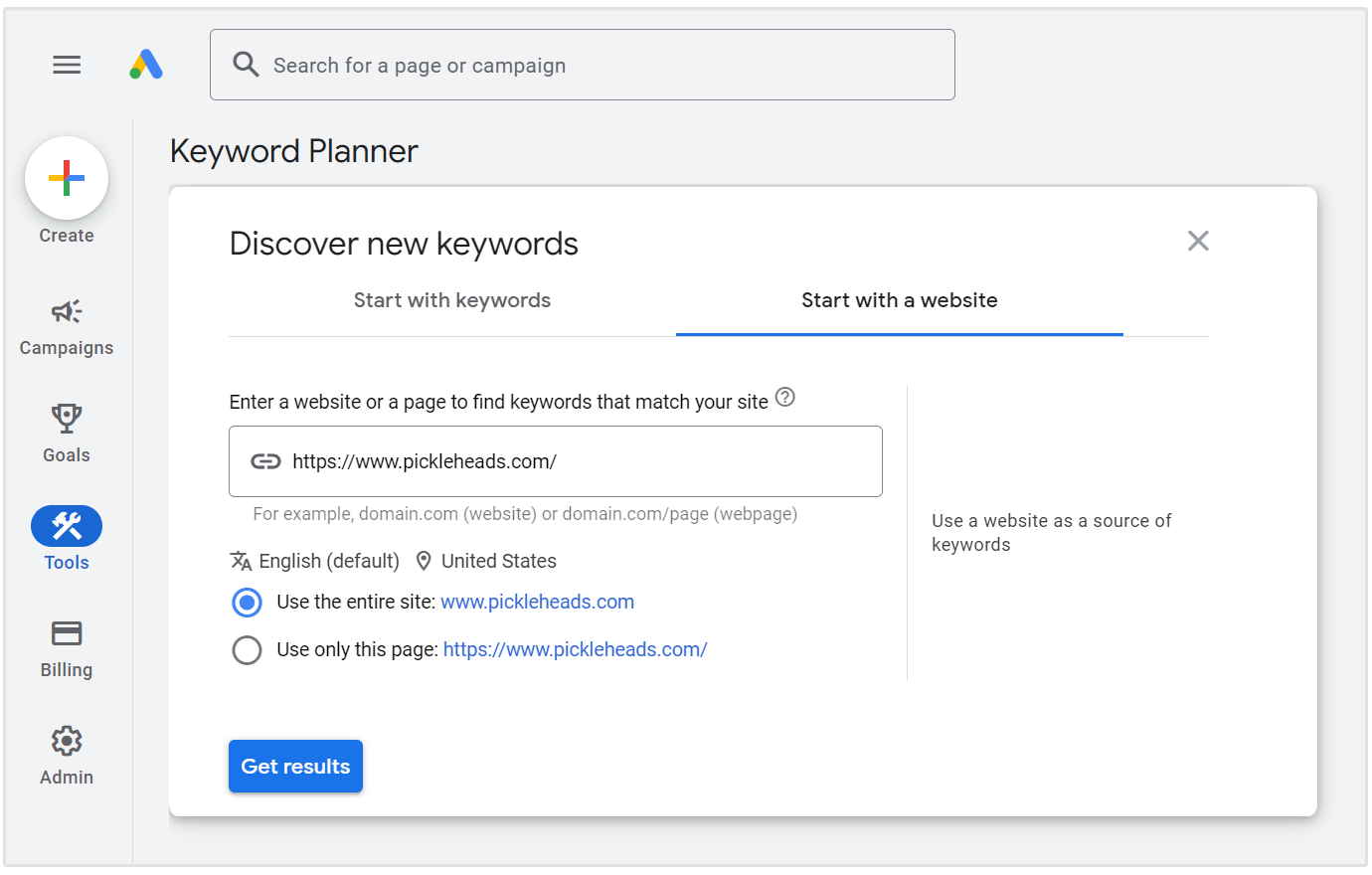 website toevoegen aan google keyword planner